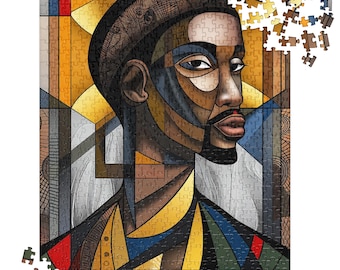 May include: A colorful abstract portrait of a person with a black and brown patterned background. The person has brown skin and a black beard. The portrait is made up of geometric shapes and lines.