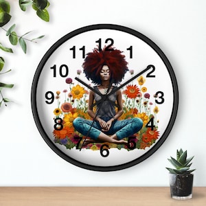 Black Female Yoga Wall Clock: Afrocentric Meditation Pose Yogi Clock
