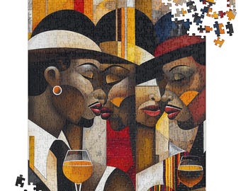 May include: A painting of four people with colorful geometric patterns and designs. The people are wearing hats and are holding glasses of wine. The painting is done in a stylized, abstract style.
