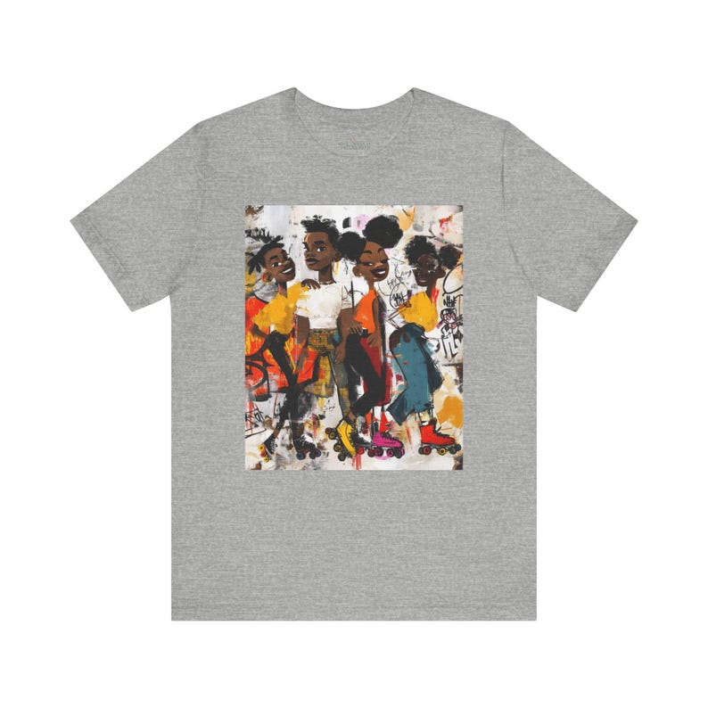 Abstract graffiti-style cartoon illustration of Black roller skaters dancing and skating at a roller rink, featuring vibrant colors, urban street art influences, and Afrocentric cultural themes on a unisex graphic tee shirt.
