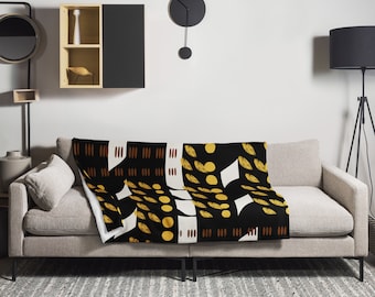 African Mud Cloth Print Velveteen Blanket: Boho Home Decor Throw