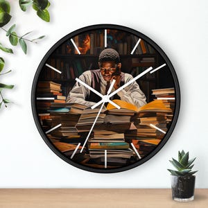 Black Man Law Student Round Wall Clock: Library Study Room Decor