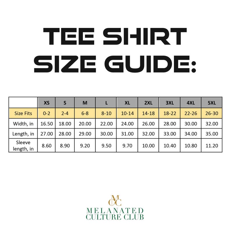 May include: A size chart for t-shirts with measurements in inches for width, length, and sleeve length. The chart shows sizes from XS to 5XL with corresponding size fits in numerical ranges.
