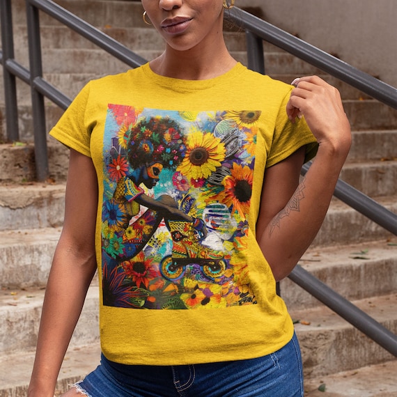 Black Woman Roller Skater Tee: Retro Afro Psychedelic Floral Shirt