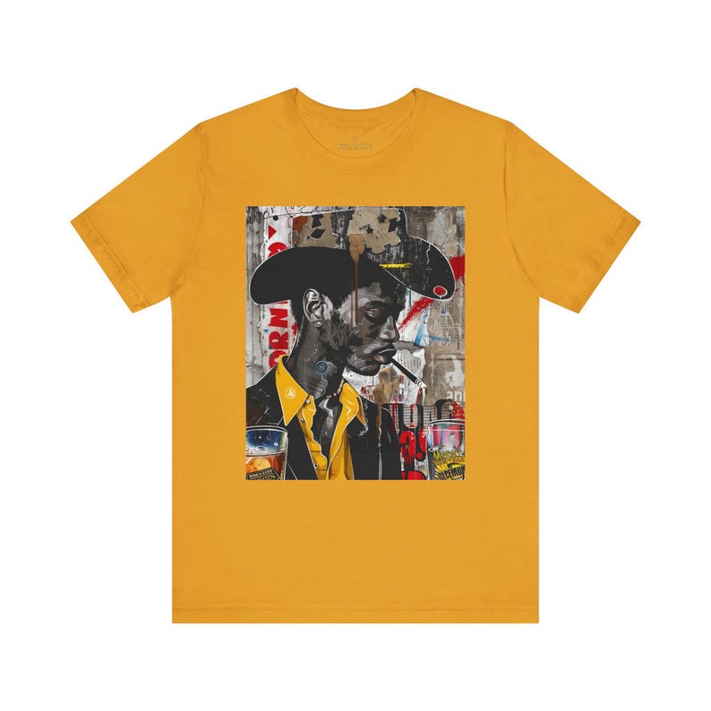 Western Rugged Black Cowboy Tee featuring an edgy African American man with a cigar and whiskey. A bold Afrocentric culture shirt with pop art, graffiti, and collage-inspired design.