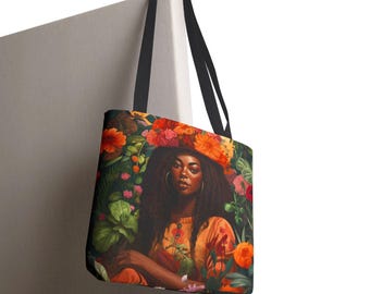 Afrocentric Black Girl Gardener Tote Bag: Floral Art Gift