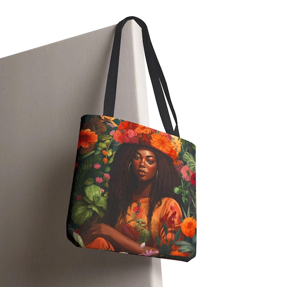 Afrocentric Black Girl Gardener Tote Bag: Floral Art Gift
