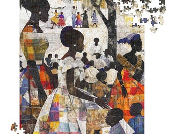 May include: A colorful jigsaw puzzle featuring an artistic depiction of a gathering. The image showcases figures in dresses, with a vibrant mix of colors and patterns. The puzzle includes loose pieces, suggesting an incomplete state.