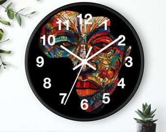 Africa Continent Shaped Mask Round Wall Clock: Abstract African Art Wall Decor