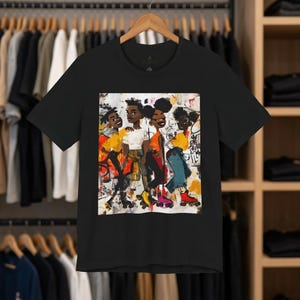 Abstract graffiti-style cartoon illustration of Black roller skaters dancing and skating at a roller rink, featuring vibrant colors, urban street art influences, and Afrocentric cultural themes on a unisex graphic tee shirt.