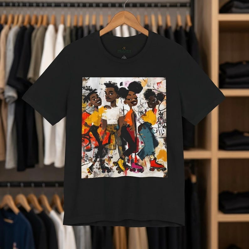 Abstract graffiti-style cartoon illustration of Black roller skaters dancing and skating at a roller rink, featuring vibrant colors, urban street art influences, and Afrocentric cultural themes on a unisex graphic tee shirt.