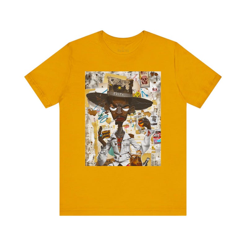 Black Cowboy Tee featuring a cartoon-style African American cowboy smoking a cigarette and drinking whiskey. A bold, graffiti collage pop art design with an edgy Western and Afrocentric cultural vibe.