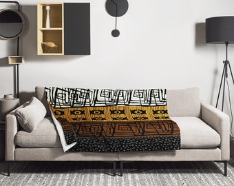 African Mud Cloth Velveteen Throw Blanket – Afrocentric Patterned Sofa Accent