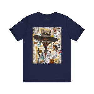 Black Cowboy Tee featuring a cartoon-style African American cowboy smoking a cigarette and drinking whiskey. A bold, graffiti collage pop art design with an edgy Western and Afrocentric cultural vibe.