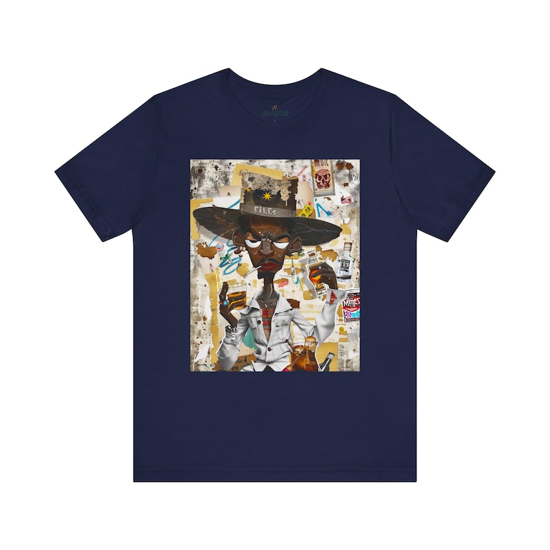 Black Cowboy Tee featuring a cartoon-style African American cowboy smoking a cigarette and drinking whiskey. A bold, graffiti collage pop art design with an edgy Western and Afrocentric cultural vibe.