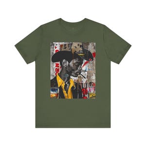 Western Rugged Black Cowboy Tee featuring an edgy African American man with a cigar and whiskey. A bold Afrocentric culture shirt with pop art, graffiti, and collage-inspired design.