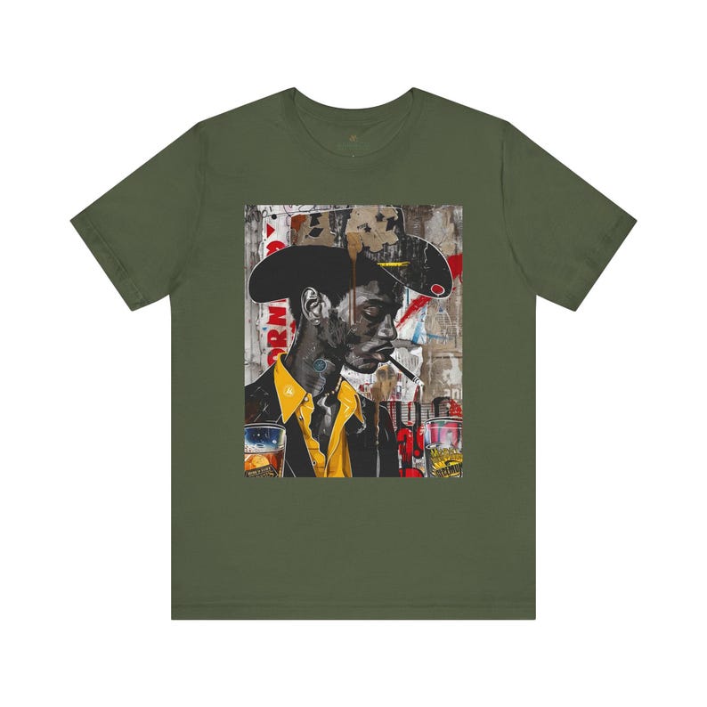 Western Rugged Black Cowboy Tee featuring an edgy African American man with a cigar and whiskey. A bold Afrocentric culture shirt with pop art, graffiti, and collage-inspired design.