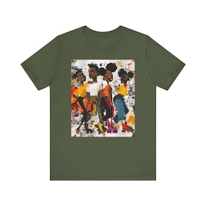 Abstract graffiti-style cartoon illustration of Black roller skaters dancing and skating at a roller rink, featuring vibrant colors, urban street art influences, and Afrocentric cultural themes on a unisex graphic tee shirt.