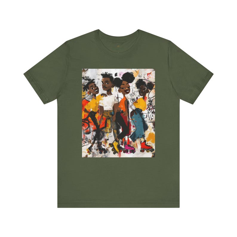 Abstract graffiti-style cartoon illustration of Black roller skaters dancing and skating at a roller rink, featuring vibrant colors, urban street art influences, and Afrocentric cultural themes on a unisex graphic tee shirt.
