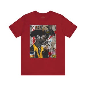 Western Rugged Black Cowboy Tee featuring an edgy African American man with a cigar and whiskey. A bold Afrocentric culture shirt with pop art, graffiti, and collage-inspired design.