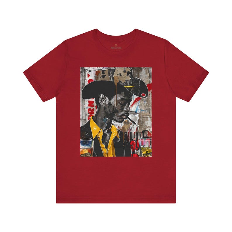Western Rugged Black Cowboy Tee featuring an edgy African American man with a cigar and whiskey. A bold Afrocentric culture shirt with pop art, graffiti, and collage-inspired design.