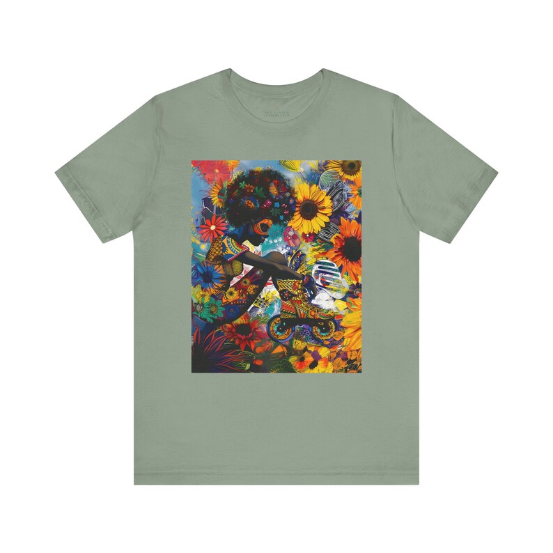 Black Woman Roller Skater Tee featuring a retro-style design with a big Afro, skating through a field of psychedelic colorful wildflowers. A bold Afrocentric tee perfect for roller derby teams and vintage fashion lovers.