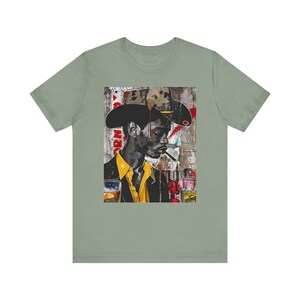 Western Rugged Black Cowboy Tee featuring an edgy African American man with a cigar and whiskey. A bold Afrocentric culture shirt with pop art, graffiti, and collage-inspired design.