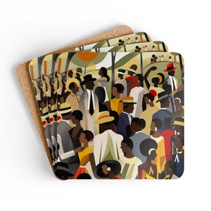 May include: A set of four square coasters featuring a colorful illustration of a crowd of people in a park. The people are all wearing different clothes and hats, and some are holding umbrellas. The background is a green park with trees and a sun.