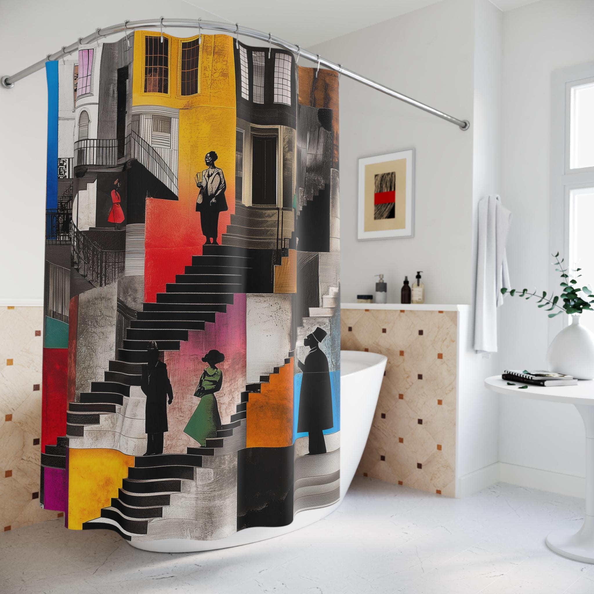 Harlem Brownstones Shower Curtain - Harlem Neighborhood Bathroom Decor  - Harlem Street Life Afrocentric Interior Design - Style 07