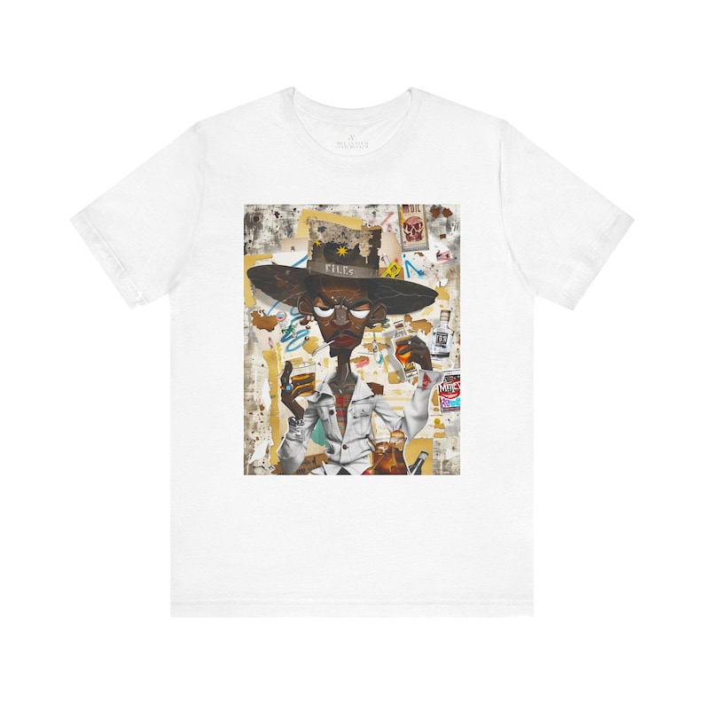 Black Cowboy Tee featuring a cartoon-style African American cowboy smoking a cigarette and drinking whiskey. A bold, graffiti collage pop art design with an edgy Western and Afrocentric cultural vibe.