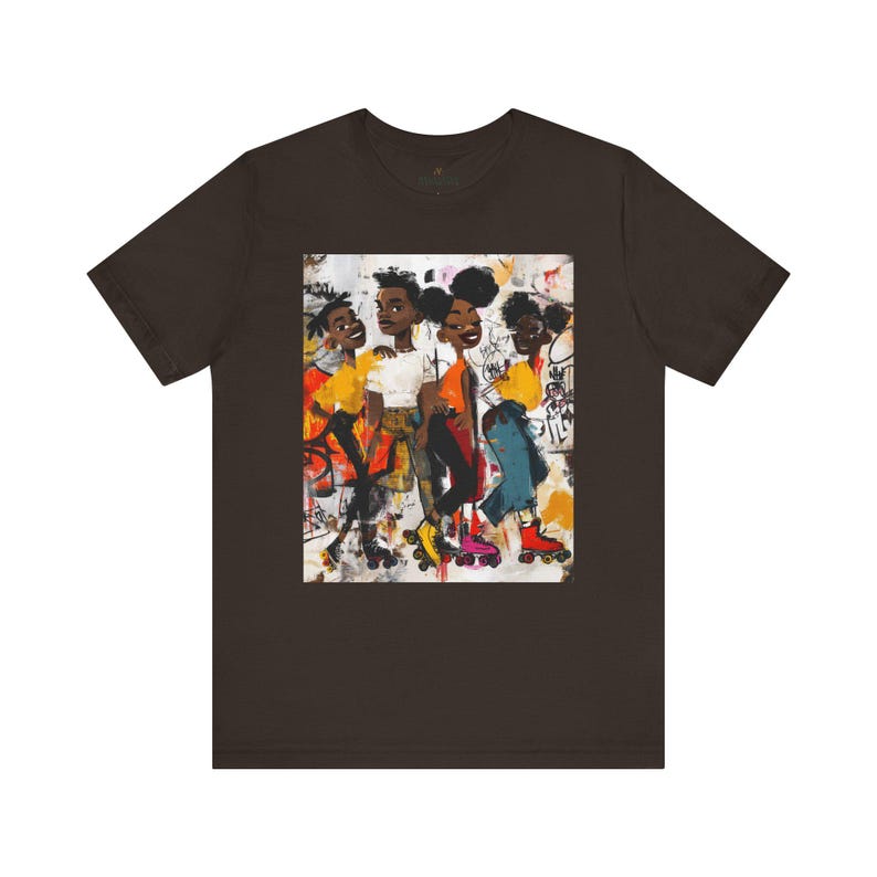 Abstract graffiti-style cartoon illustration of Black roller skaters dancing and skating at a roller rink, featuring vibrant colors, urban street art influences, and Afrocentric cultural themes on a unisex graphic tee shirt.
