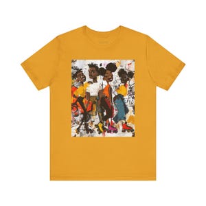 Abstract graffiti-style cartoon illustration of Black roller skaters dancing and skating at a roller rink, featuring vibrant colors, urban street art influences, and Afrocentric cultural themes on a unisex graphic tee shirt.