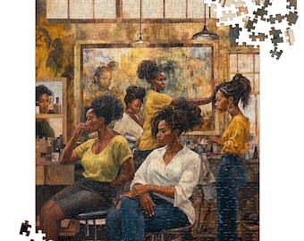 May include: A jigsaw puzzle featuring an artistic depiction of a hair salon scene. The image shows several women with elaborate hairstyles, dressed in yellow and white tops, and blue jeans. The puzzle pieces are scattered around the main image.