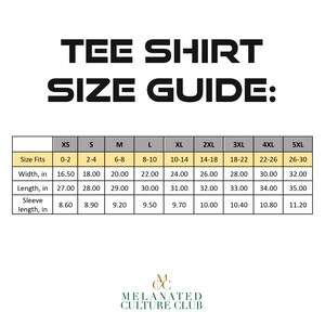 May include: A size chart for t-shirts with measurements in inches for width, length, and sleeve length. The chart shows sizes from XS to 5XL with corresponding size fits in numerical ranges.