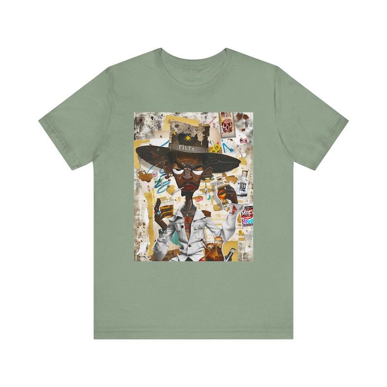 Black Cowboy Tee featuring a cartoon-style African American cowboy smoking a cigarette and drinking whiskey. A bold, graffiti collage pop art design with an edgy Western and Afrocentric cultural vibe.