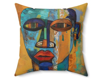 African Mask Pillow: Faux Suede Afrocentric Home Decor