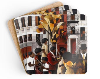 May include: A set of four square cork coasters featuring a colorful painting of a street scene with a group of people playing music. The painting is in a stylized, almost cartoon-like style, with bold colors and simple shapes. The people are all dressed in different colors and are playing various instruments, including a saxophone, a trumpet, and a drum. The background of the painting is a city street with buildings and trees.