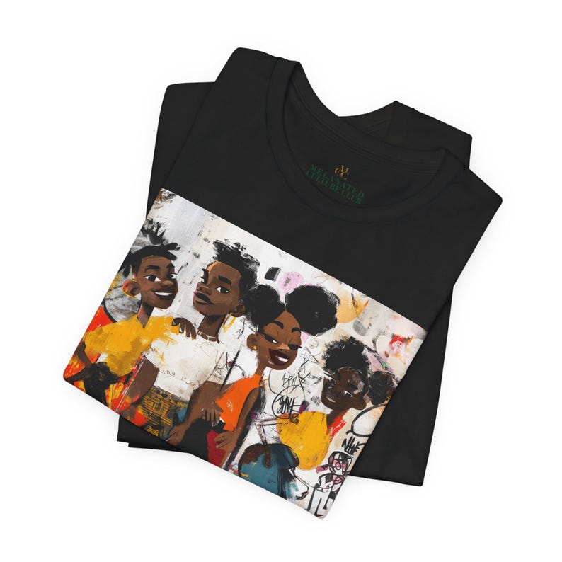 Abstract graffiti-style cartoon illustration of Black roller skaters dancing and skating at a roller rink, featuring vibrant colors, urban street art influences, and Afrocentric cultural themes on a unisex graphic tee shirt.