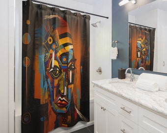 Bathroom Shower Curtain featuring Abstract African Mask, Style No. 06 African Theme Interior Design Bath Decor African American Home