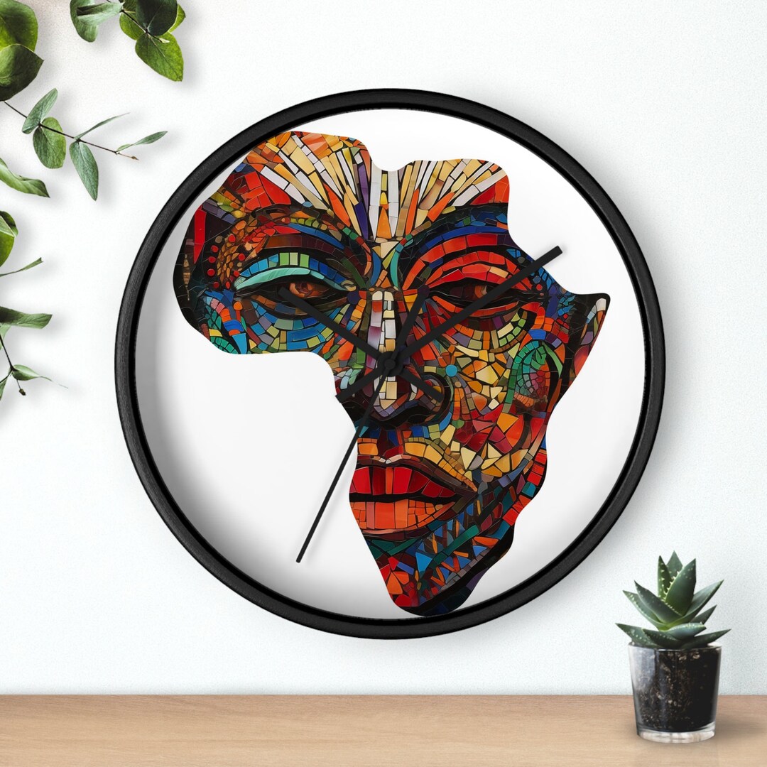 African Round Wall Clock Africa Map Clock African Mask African Wall ...