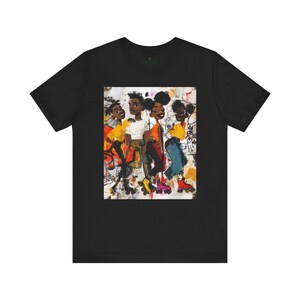 Abstract graffiti-style cartoon illustration of Black roller skaters dancing and skating at a roller rink, featuring vibrant colors, urban street art influences, and Afrocentric cultural themes on a unisex graphic tee shirt.