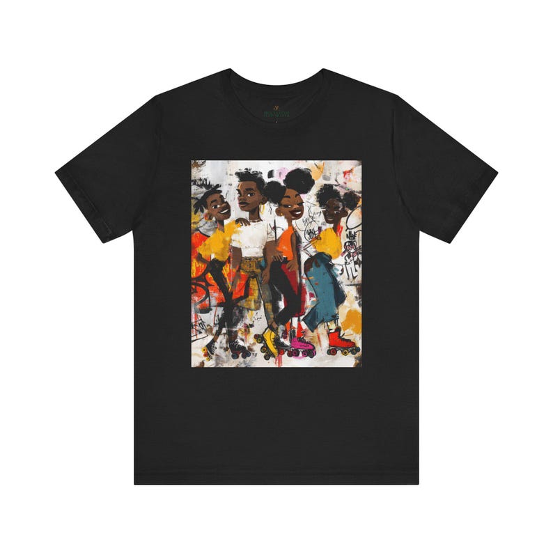 Abstract graffiti-style cartoon illustration of Black roller skaters dancing and skating at a roller rink, featuring vibrant colors, urban street art influences, and Afrocentric cultural themes on a unisex graphic tee shirt.