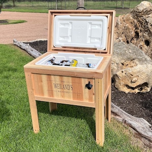 Oversized Rustic Ice Chest Cooler Stand with Brass Drain, Bottle Opener, and Bottle Cap Catcher, wooden cooler, christmas
