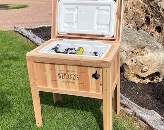 All weather 50-QT Rustic Cedar Chest Cooler Stand with Brass Drain, Bottle Opener, and Bottle Cap Catcher, beer cooler, father's day