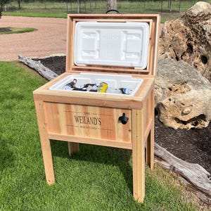 American Pride Rustic Ice Chest Cooler Stand with Brass Drain, Bottle Opener, and Bottle Cap Catcher, beer cooler, retirement gift, cedar
