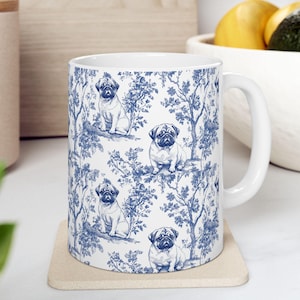 Pug French Blue Toile de Jouy Mug, Blue toile de jouy Mug, Pug ceramic mugs, Pug Mom Mugs, Pug Lover Gifts, Pug mug, Pug, Pug Gift