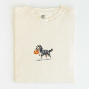 Könnte beinhalten: Ein cremefarbenes Kurzarm-T-Shirt mit einer kleinen Grafik eines schwarz-weißen Hundes, der einen orangefarbenen Kürbis im Maul trägt. Das T-Shirt hat einen Rundhalsausschnitt und ein Comfort Colors Markenetikett am inneren Kragen.