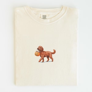 May include: A cream-colored short-sleeve t-shirt featuring a small graphic of a brown dog carrying an orange jack-o'-lantern pumpkin bucket in its mouth. The shirt has a crew neckline and a Comfort Colors brand label printed on the inside collar.
