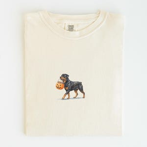Könnte beinhalten: Ein cremefarbenes Kurzarm-T-Shirt mit einer kleinen Grafik eines schwarz-braunen Rottweilers, der einen kleinen orangefarbenen Kürbis-Eimer im Maul trägt. Das T-Shirt hat ein Comfort Colors Markenetikett am inneren Halsausschnitt.