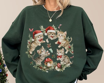 Kittens Christmas Cottagecore Sweatshirt, Floral Vintage cat sweatshirt, Christmas Cat Gift, Floral cat shirt, Kittens Christmas sweatshirt